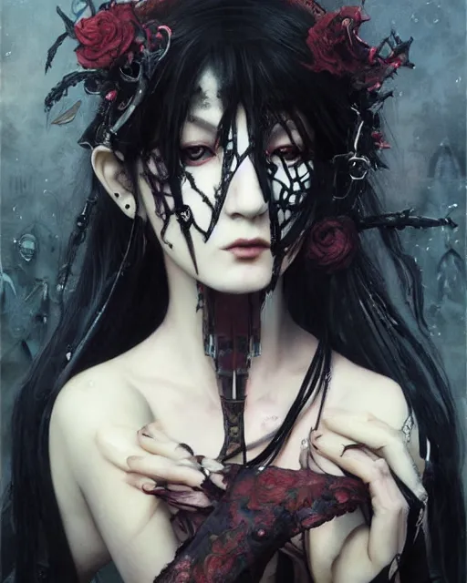 Image similar to Full shot of a ghoulpunk high priestess, defined facial features, intricate, gothic punk, malice mizer, ai yazawa, symmetrical facial features. By Ruan Jia and Artgerm and Range Murata and WLOP and Ross Tran and William-Adolphe Bouguereau and Beeple. Key Art. Fantasy Illustration. award winning, Artstation, intricate details, realistic, Hyperdetailed, 8k resolution.