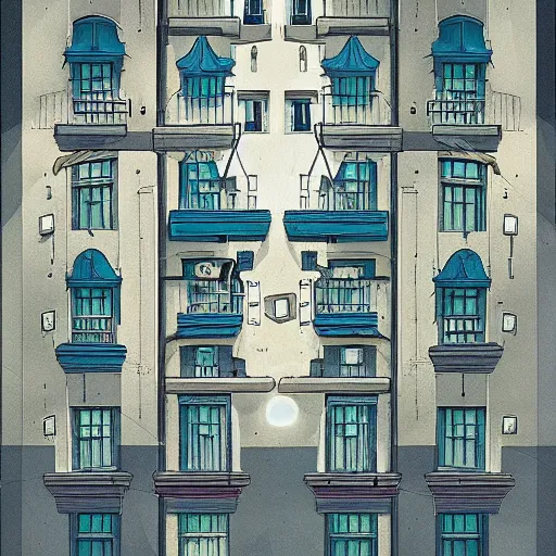 Prompt: a single apartment building in a moonlit night, in the style of peter mohrbacher and jacek yerka, symmetrical composition