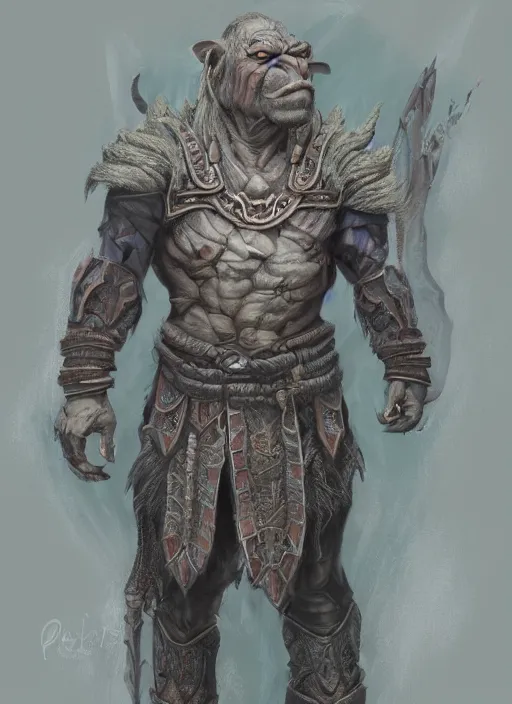 Image similar to detailed full body concept art illustration pastel painting of an orc poet in intricately designed clothing