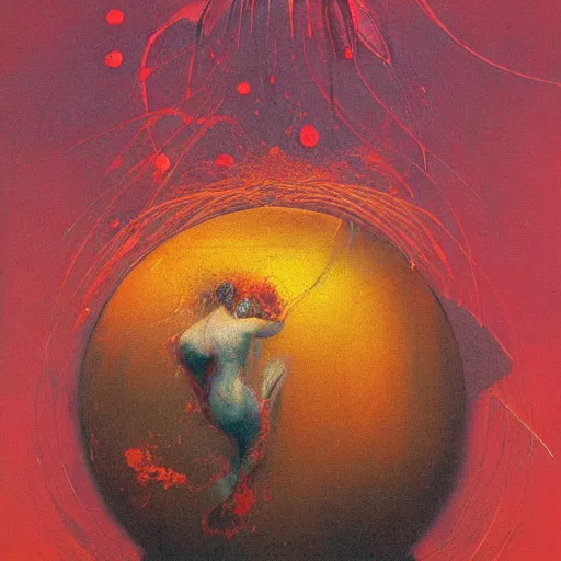 Image similar to a sphere being devoured by abstract splatters of paint in the style of francis bacon, venus being engulfed in flames in front of a female face in the style of james jean, surreal, beksinski, high detailed