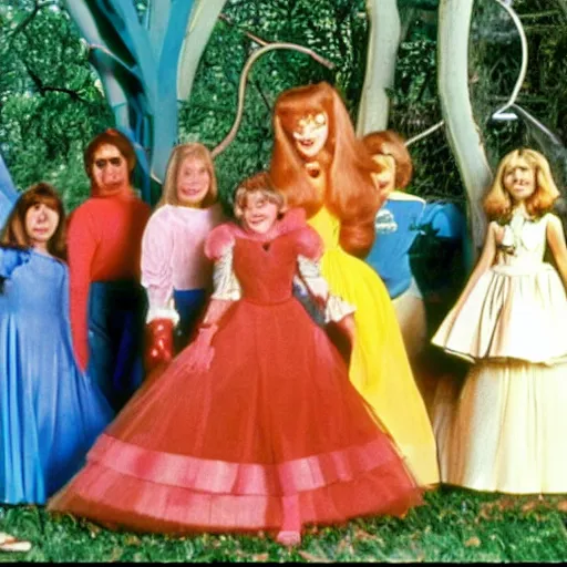 Image similar to still from 1977 live-action children's tv show about a Disney princess who enters an intestine cult color