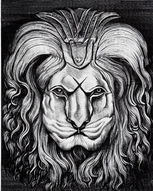 Image similar to a creature with four faces in one, human eyes, eagle beak, lion mane, two horns on the head, drawn by da vinci