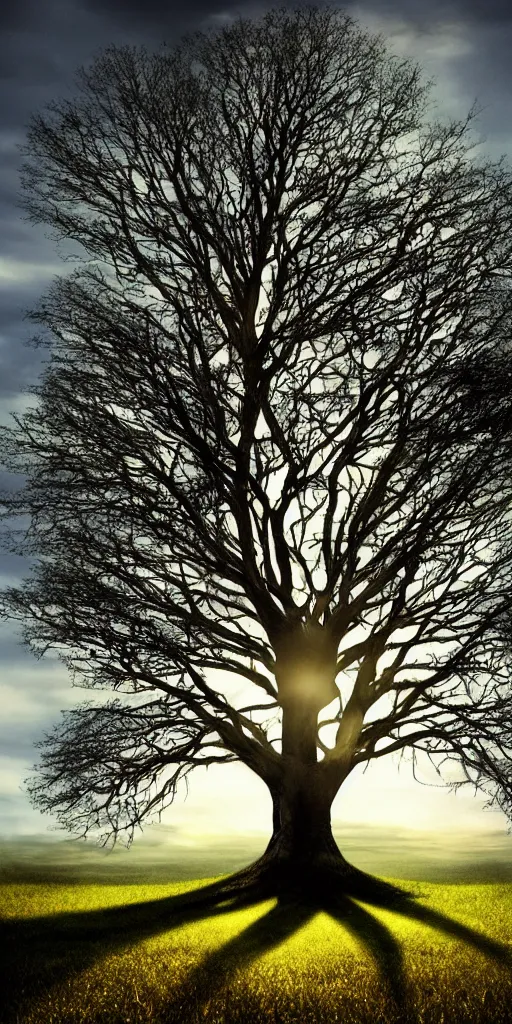 Prompt: the world tree standing tall on a lonely hill, photorealism, sunshaft