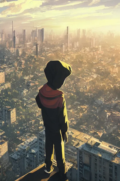 Image similar to Sad gopnik boy in black adidas looking atop of a urban plateau filled with soviet apartment buildings, golden hour, dreamy, beautiful clouds, ultra detailed beautiful lighting, wallpaper, cityscape, beautiful artwork by Makoto Shinkai