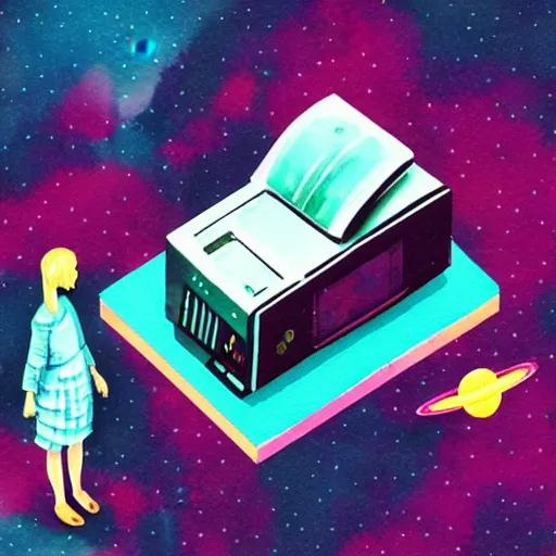 Prompt: an isometric watercolor illustration of a girl with an old printer in space, flat synthwave art style