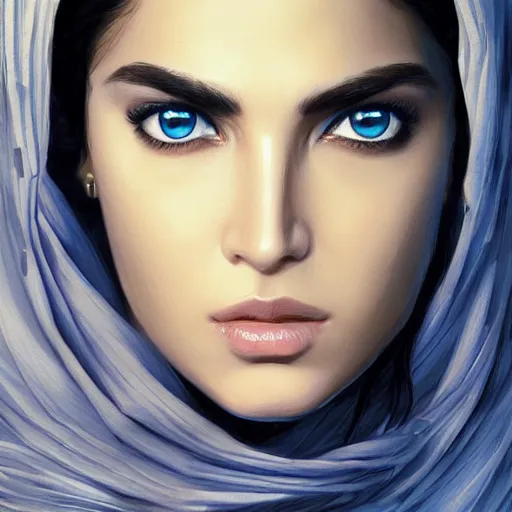 Prompt: greek ameera al taweel , blue eyes, serious, elegant, sharp focus, beautiful face, Hyper-realistic, Highly Detailed, HD, by Brom, by beeple, studio ghibli, wallpaper, highly detailed, trending on artstation