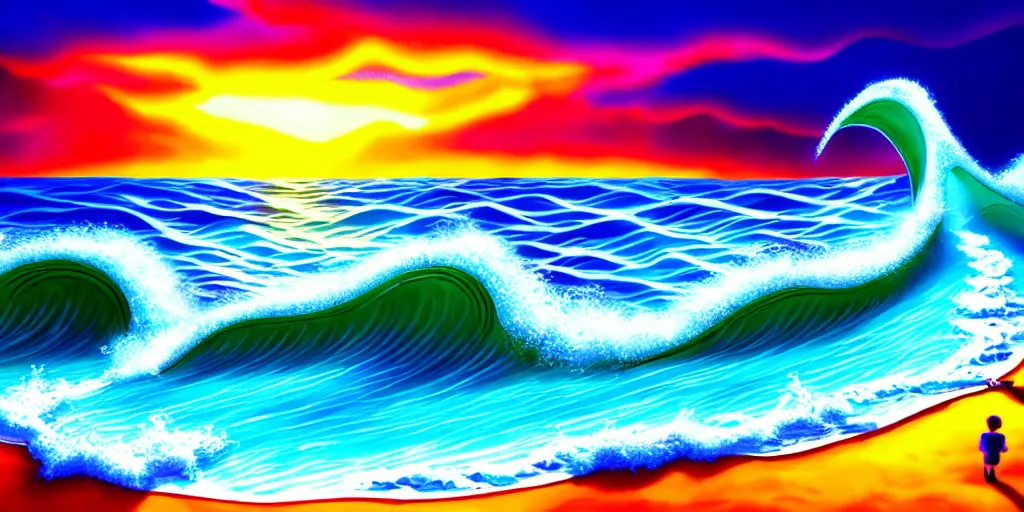 Image similar to a beach shaped like a singing mouth, the waves are made is musical notes, one wave is shaped like the mouths tongue, very colorful painting 8 k trending on art station, intricate details, very realistic, cinematic lighting, volumetric lighting,