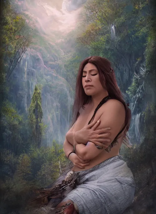 Prompt: acceptance, surrender, letting go, indigenous woman relaxing, matte painting, fantasy art