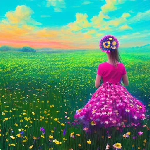 Image similar to full body daisy flower head girl standing in a flower field, her head is hidden behind the huge daisy flower,. surreal photography, sunrise, dramatic light, impressionist painting, colorful clouds, digital painting, artstation, simon stalenhag