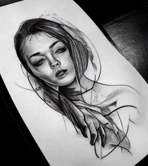 Image similar to amazing blend effect of a beautiful woman face next to amazing mountain scenery, tattoo design sketch, hyper - realistic, in the style of matteo pasqualin, amazing detail, black and white