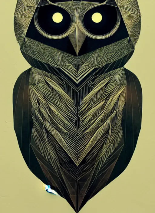 Image similar to portrait of a geometric owl, identical eyes, medium shot, illustration, full body made of white feathers, symmetrical, art stand, super detailed, cinematic lighting, and its detailed and intricate, gorgeous, by peter mohrbacher