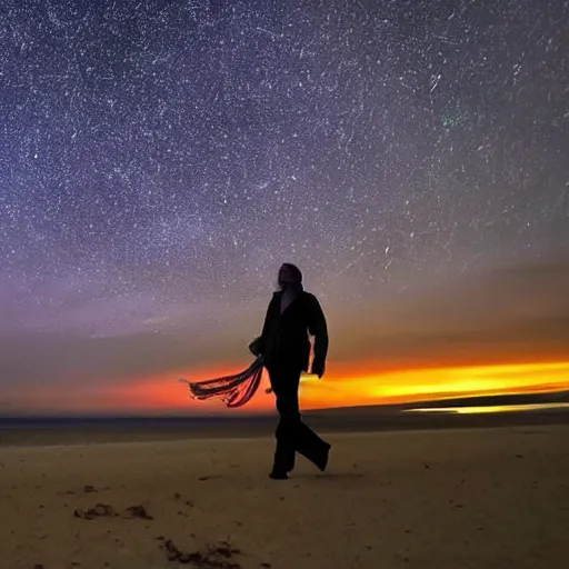 Prompt: Meteors enter atmosphere while walking dog on a beach