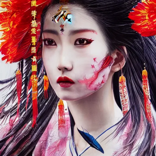 Image similar to A striking hyper real portrait painting of a gorgeous sword dance Chinese costume woman , trending on artbreeder, long hair, smoke, feathers flying, flowers rain everywhere, full body XIANXIA, Chinese temple, depth of field by Yoji Shinkawa 4k