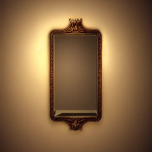 Image similar to a mirror but in the reflection is a fantasy world, dynamic lighting, photorealistic, ambient lighting