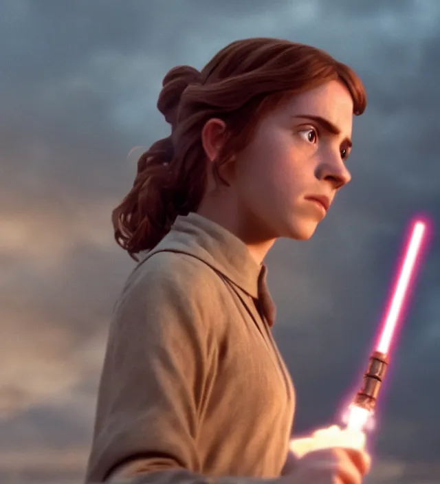 Image similar to hermione in star wars, movie still frame, hd, remastered, movie grain, cinematic lighting