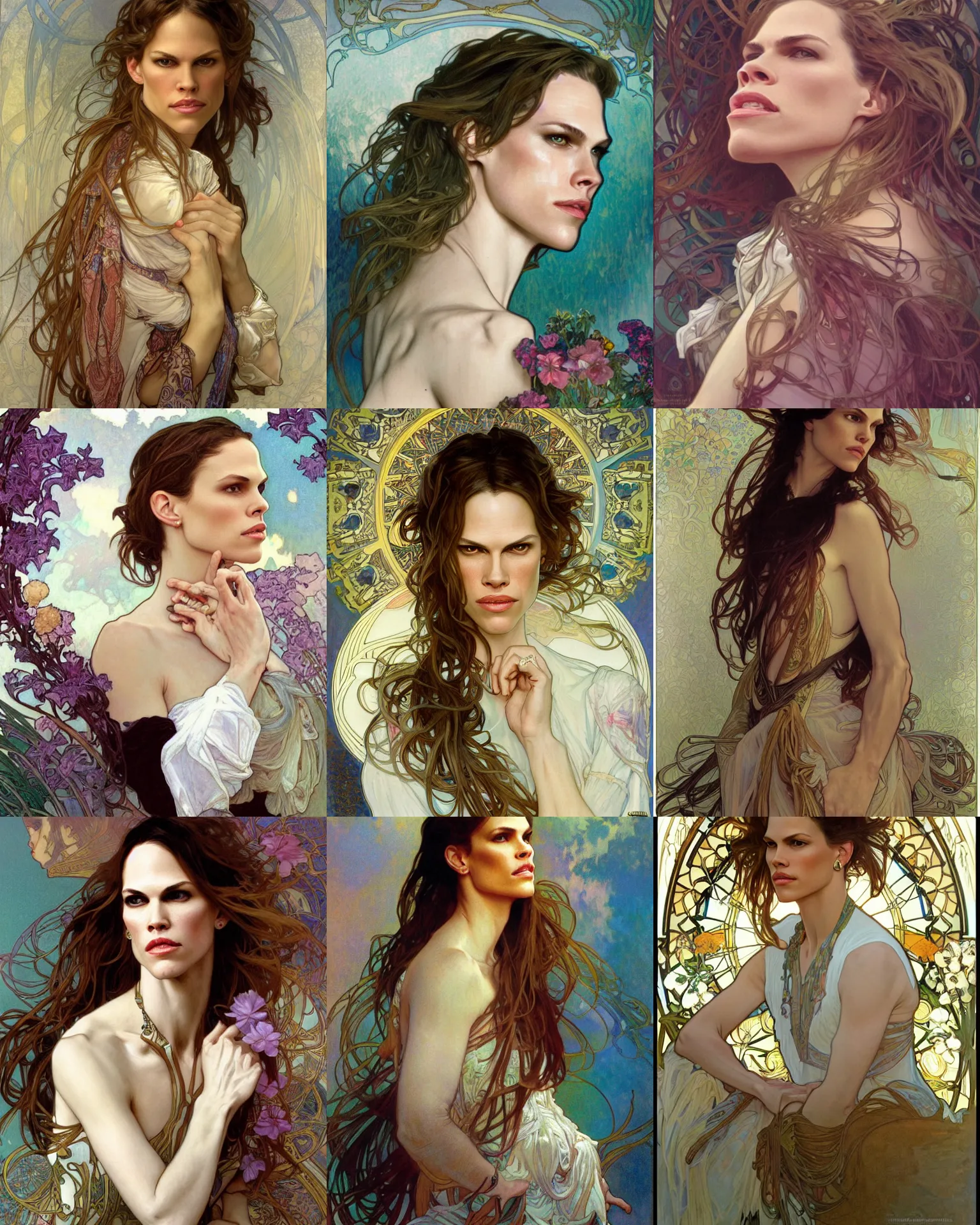 Prompt: a portrait of hilary swank by loish, alphonse mucha, thomas moran, mandy jurgens, fashion photography