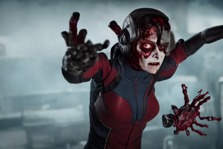 Image similar to film still of zombie zombie Hope Van Dyne The Wasp as a zombie in new avengers movie, 4k