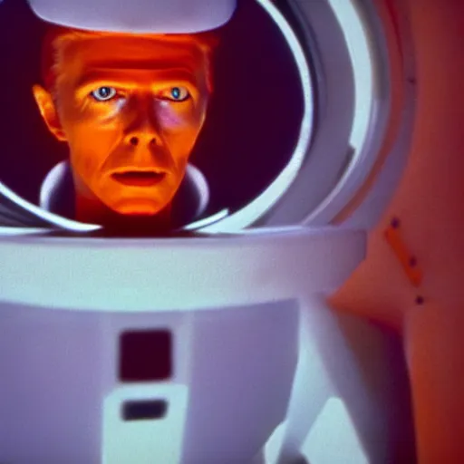 Prompt: film still of David Bowie as David Bowman wearing orange in 2001 a space odyssey, 4k