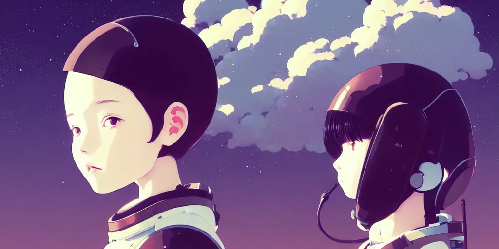 Image similar to portrait of a girl with astronaut helmets by ilya kuvshinov, a big medieval mech, cloudy sky background lush landscape ln illustration concept art anime key visual trending pixiv by victo ngai fanbox by greg rutkowski makoto shinkai takashi takeuchi studio ghibli