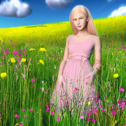Prompt: A performance art of a young girl with blonde hair, blue eyes, and a pink dress. She is standing in a meadow with flowers and trees. raytracing, lawn green by Sailor Moon gloomy
