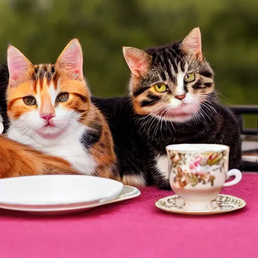 Prompt: two calico cats and a tabby cat enjoy cups of tea together at an upscale party, award winning photo