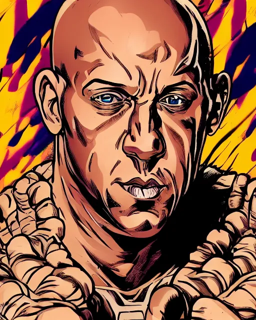 Prompt: Digital color pen close up drawing of Vin Diesel from JoJo\'s Bizzare Adventure, highly detailed, sharp focus, screentone shading, 1990 manga panel, trending on ArtStation, manga cover art drawn by Hirohiko Araki