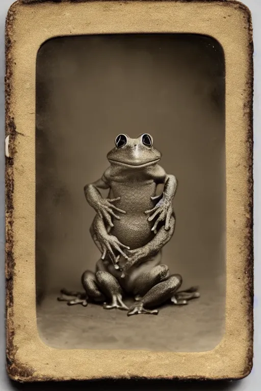 Image similar to a wet plate photo of an anthropomorphic frog king