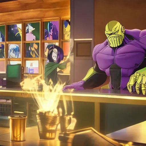 Prompt: thanos working at starbucks but it is a slice of life anime, by hayao miyazaki and yusuke murata and makoto shinkai and ross tran, intricate detail, cinematic, 8 k, cel shaded, unreal engine, featured on artstation, pixiv, anime style