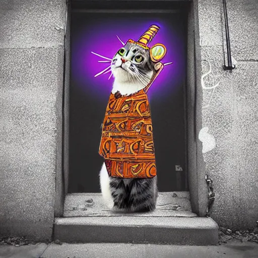 Prompt: “A cat wearing a pharaoh's headdress in an alley, synthwave digital art photorealistic”