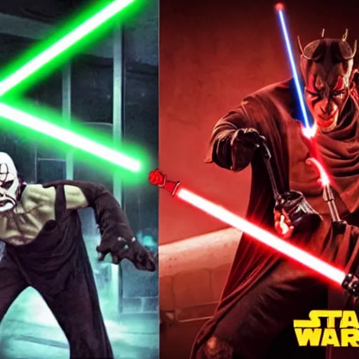 Prompt: an epic duel between darth maul and barney t