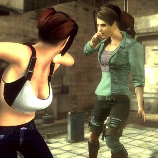 Prompt: Jill Valentine arguing with Claire Redfield about who\'s the most popular character, video game still.