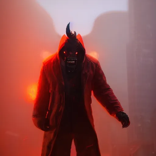 Image similar to villain wearing a red oni mask, orange jacket, dark background, unreal engine 5, ultra realistic, detailed, fog, volumetric lighting, by greg rutkowski,