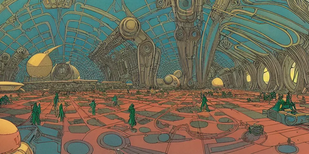 Prompt: cel shaded cinematic shot of the interior of a sci-fi space station with ornate Elven architecture bustling with people, epic castle, emerald, crystalline, detailed illustration, sharp focus, crisp lines, art by Moebius, Jean Giraud Moebius comic illustration