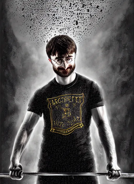 Image similar to a highly detailed portrait of Daniel Radcliffe as Harry Potter doing barbell back squats, wearing a muscle tee shirt, intricate detail, digital painting, old english, raining, sepia, particles floating, whimsical background by marc simonetti, artwork by ross tran + ramond swanland + liam wong