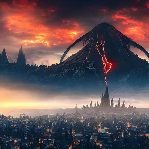 Image similar to mordor as a city, highly detailed, sharp focus, skyline, vast, gothic, lord of the rings, mount doom, 4 k, fantasy