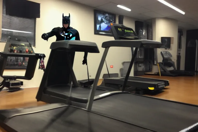 Image similar to batman on a treadmill caught on trail cam