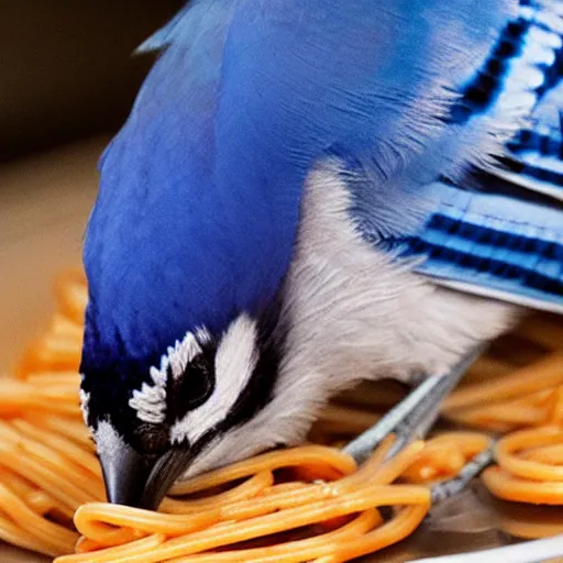 Image similar to bluejay staring at spaghetti