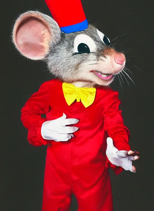 Prompt: Chuck E. Cheese mascot low quality 2007 circus portrait of an anthropomorphic rat animatronic dressed like a clown, professional portrait, official photo, camera flash, dimly lit, Chuck E. Cheese head, authentic, mouse, costume weird creepy, off putting, nightmare fuel, Chuck E. Cheese