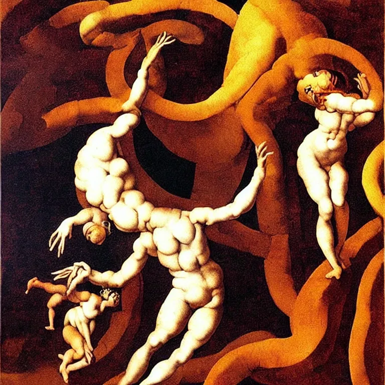 Image similar to optical illusion painting of a couple dancing in a worm hole, illusionism, mind blow, by michelangelo and salvador dali, detailed