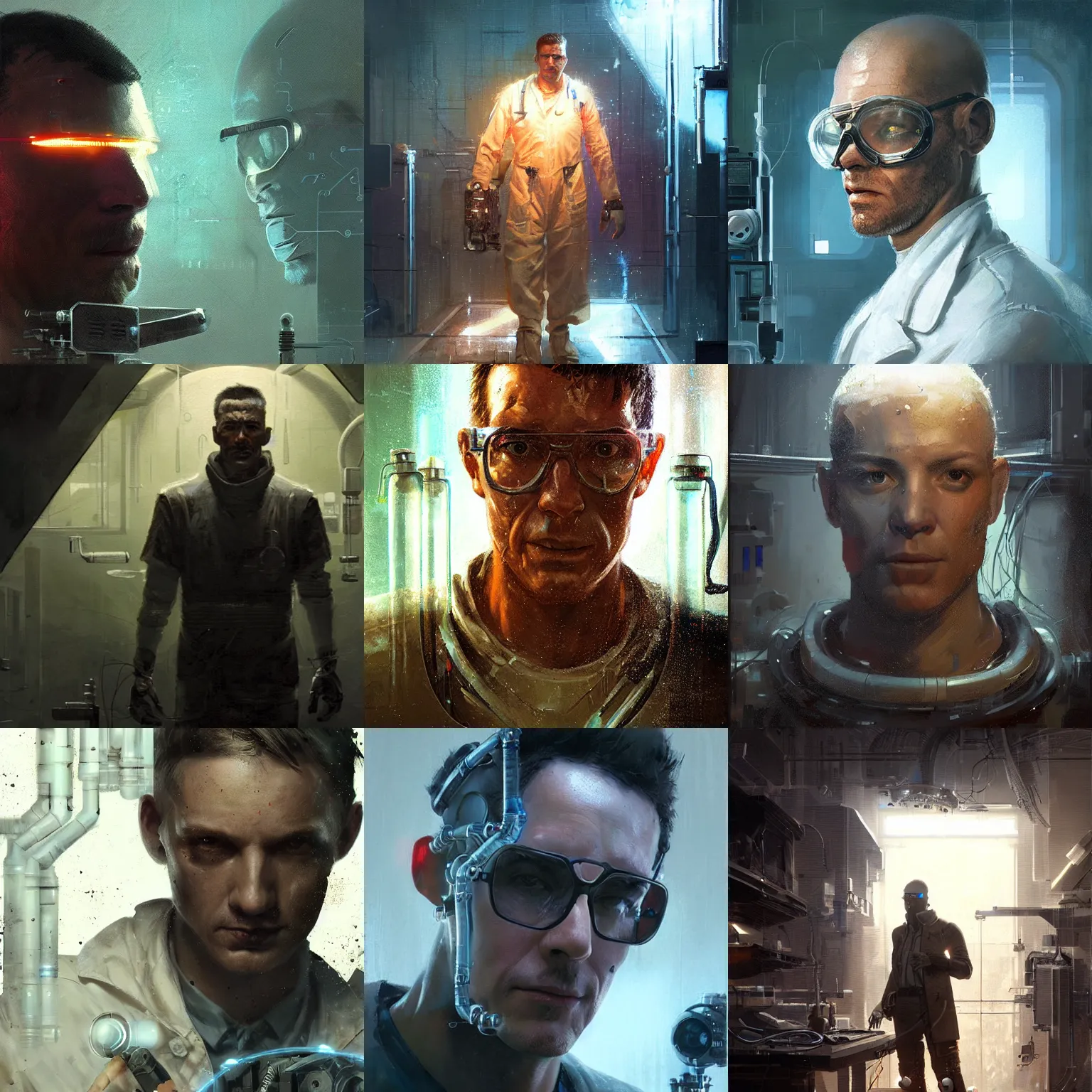 Prompt: a laboratory technician man with cybernetic enhancements, scifi character portrait by greg rutkowski, craig mullins, cinematic lighting, dystopian scifi gadgets