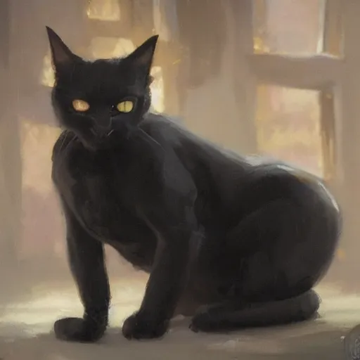Image similar to black cat, humanoid features, Greg Rutkowski