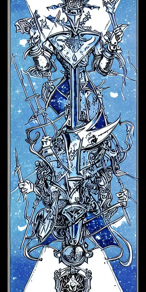 Image similar to Knight of Swords tarot card throne, space fantasy, symmetrical blue white and black, in the style of skottie young