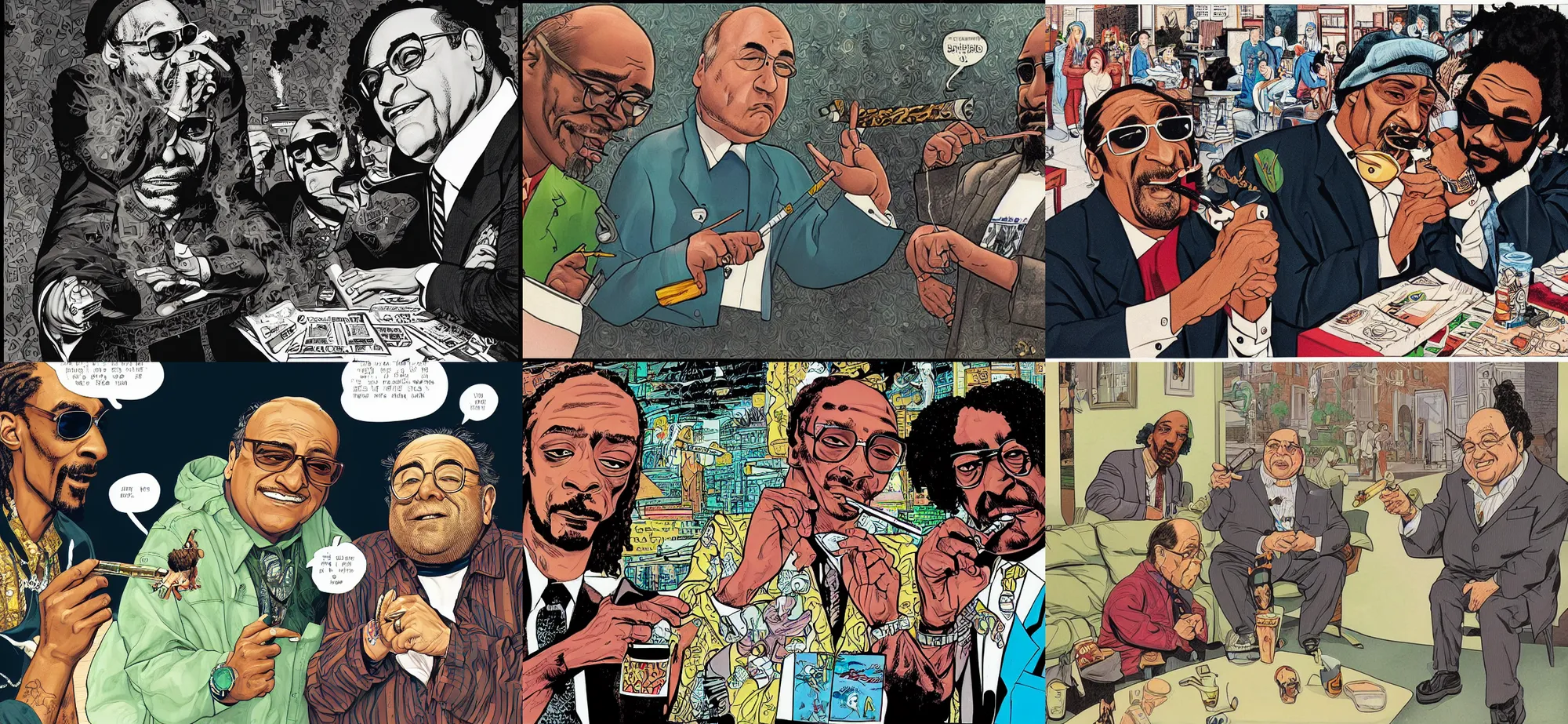 Prompt: A beautiful, stunning, extremely detailed comic book illustration by John Higgins showing Snoop Dogg and Danny DeVito smoking a joint