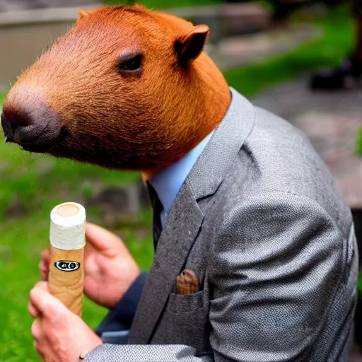 Image similar to smoking cigar, a man wearing a suit capybara head (smoking cigar)