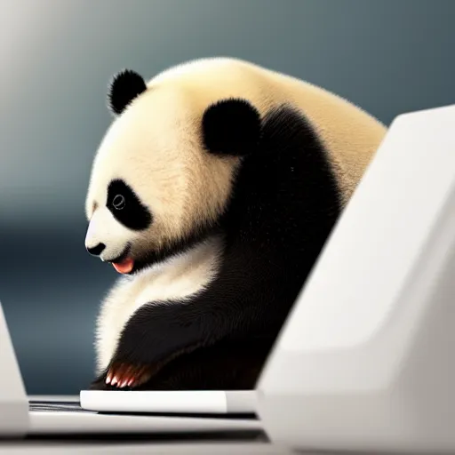 Image similar to A bored baby Panda yawning while working on his desktop computer in a crowded room, hyperrealistic, highly detailed, depth of field, High definition, 8k, octane render, artstation