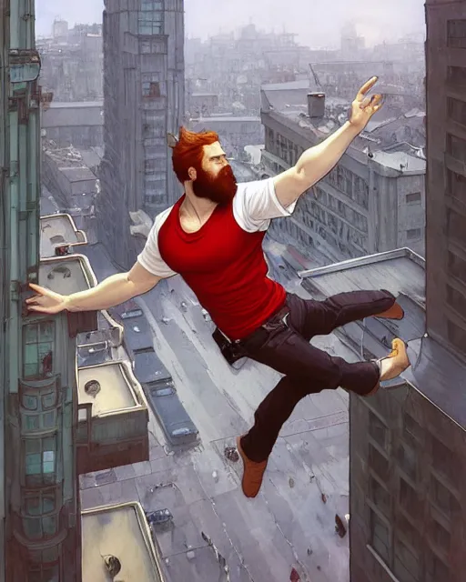Prompt: wide angle of attractive red - headed bearded man wearing a white t - shirt levitating over the street below, arms spread wide, highly detailed, digital painting, artstation, concept art, smooth, sharp focus, illustration, art by artgerm, greg rutkowski, alphonse mucha, j. c. leyendecker