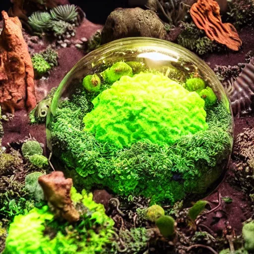 Prompt: alien planet, lush with fluorescent mushrooms encapsulated in a terrarium, high detail, photorealistic