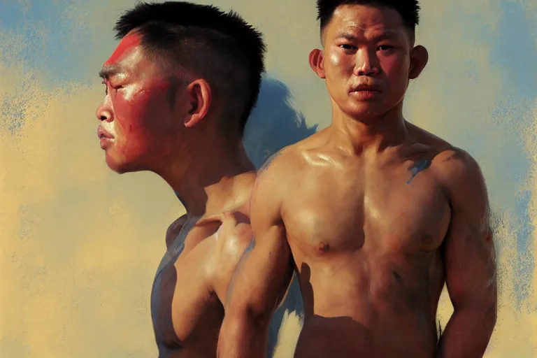 Image similar to greg manchess portrait of a filipino mma fighter victorious in arena, sunny day, matte painting, bold shapes, hard edges, street art, trending on artstation, by huang guangjian, gil elvgren, ruan jia, randy vargas, greg rutkowski