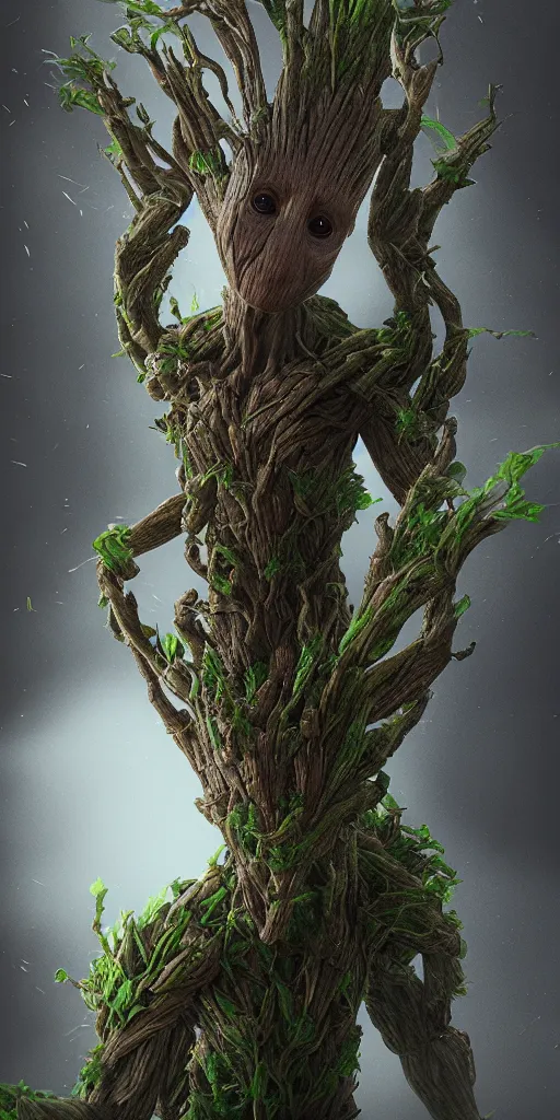 Prompt: photorealistic Groot inspired by Giger, octane render, unreal engine 4k, volumetric light, fog, detailed