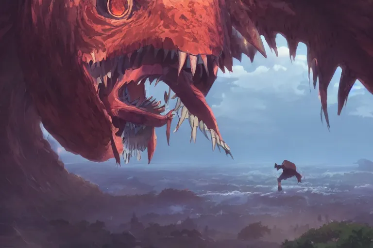 Prompt: giant monster eating everybody, highly detailed, 4k resolution, lighting, anime scenery by Makoto shinkai